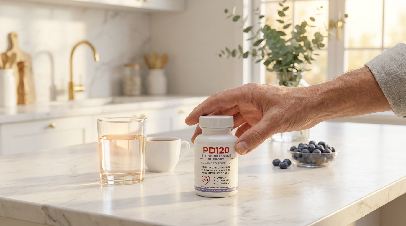 Hand holding PD120 Blood Pressure Support supplement bottle in a sunlit kitchen