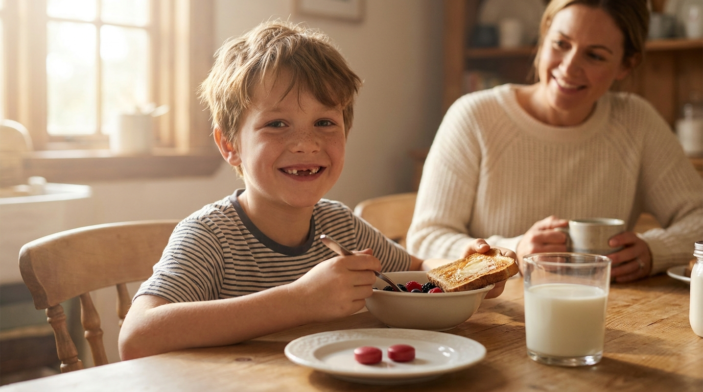 Happy boy eating Smileez cherry dental chewables at the family breakfast table
