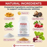8 natural ingredients — CoQ10, Vitamin D3, Aged Black Garlic, L-Theanine, Hawthorn Berry, Beet Root, Omega-3, Beta Cyclodextrin